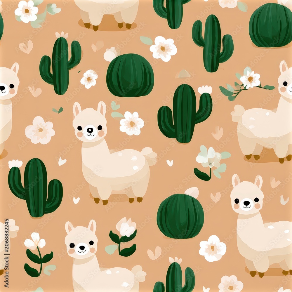 Fototapeta premium Cute llama and cactus pattern in soft pastel tones, playful nursery theme, whimsical animal illustration. SEAMLESS PATTERN