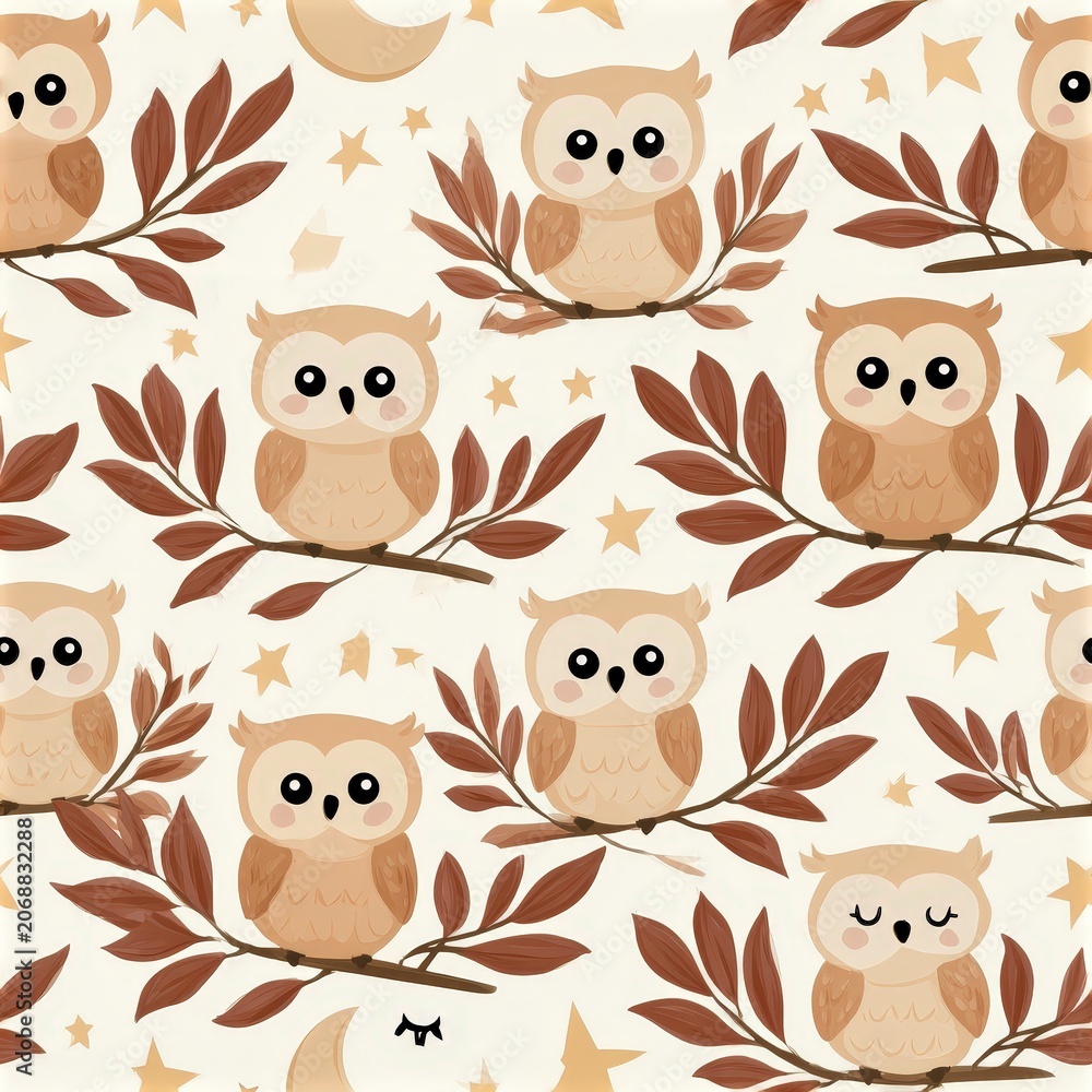 Obraz premium Cute owl pattern with botanical branches, woodland wildlife theme, nursery decor, charming animal illustration. SEAMLESS PATTERN