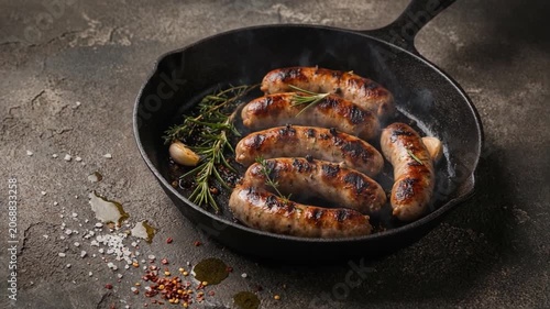Juicy grilled sausages sizzling in a cast iron skillet with aromatic herbs and rustic seasoning, showcasing hearty comfort food and traditional outdoor cooking.