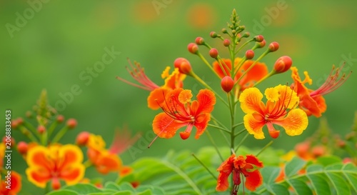 Vibrant Pride of Barbados Flowers in Full Bloom Against Green Backdrop.