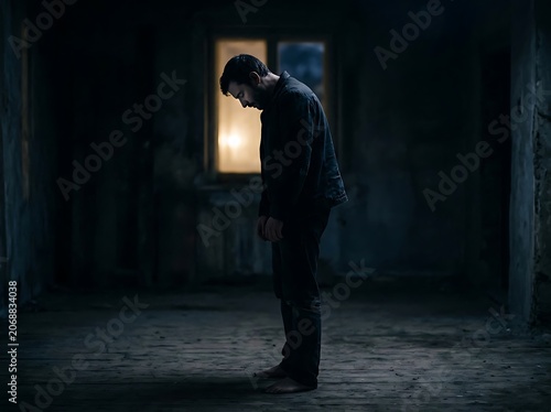 Silhouette of a person standing in a dimly lit room.