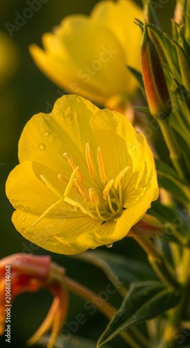 Vibrant Yellow Evening Primrose Flower in Full Bloom with Dew Drops.