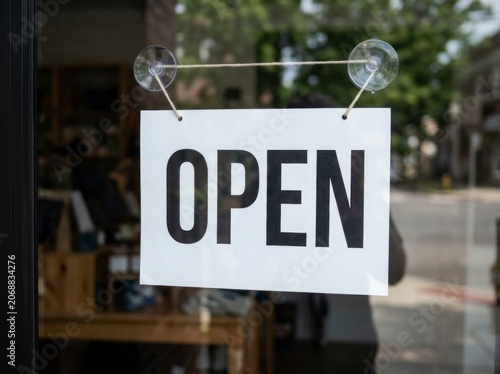 Open sign hanging on store glass door, retail business welcome display.