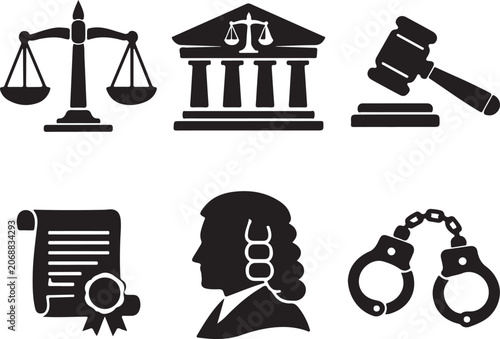 Billede på lærred Court law symbol collection featuring justice, legal authority, judiciary, and courtroom icons