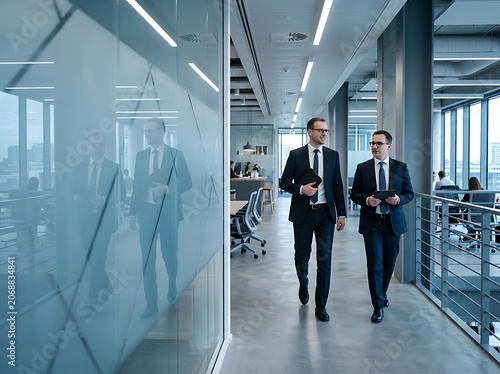 Business professionals walking through modern office atrium.