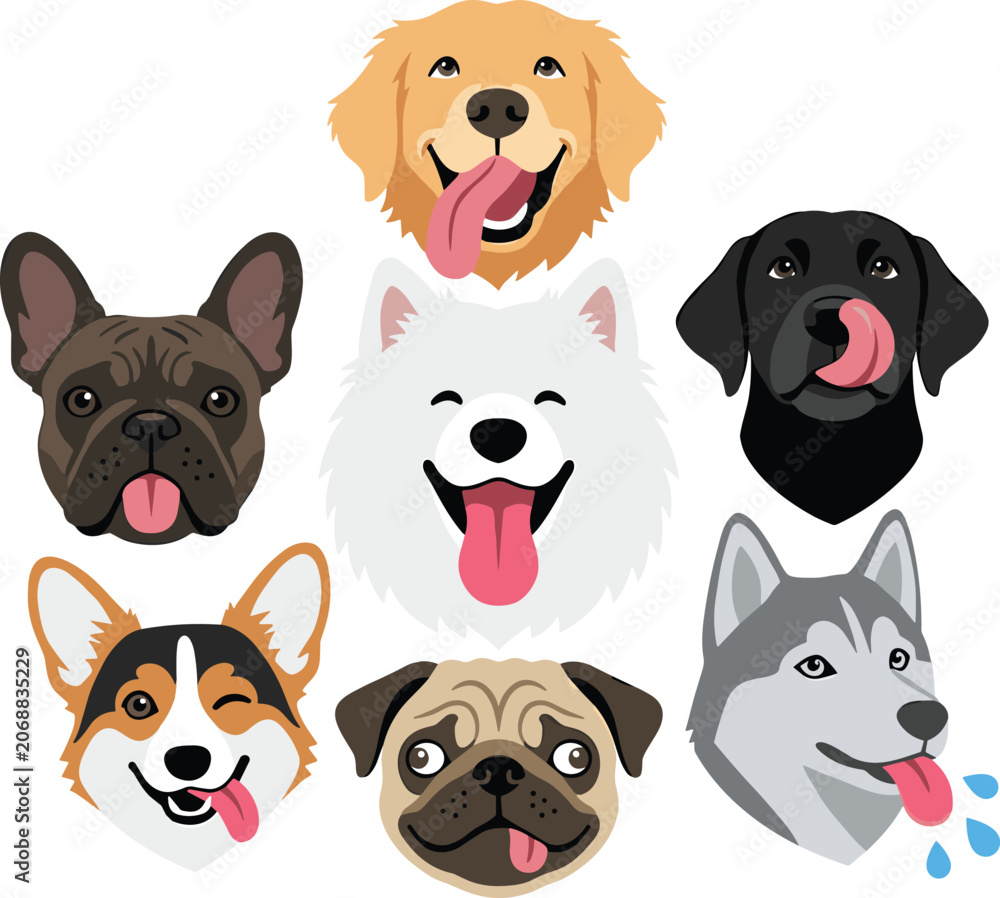 Fototapeta premium Happy Dog Faces Collection with Tongue Out Expressions and Cute Puppy Portraits for Pet Stickers, Veterinary Designs, and Animal Projects