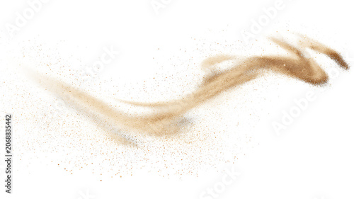 Фотография Yellow sand splash with airborne particles isolated on white background