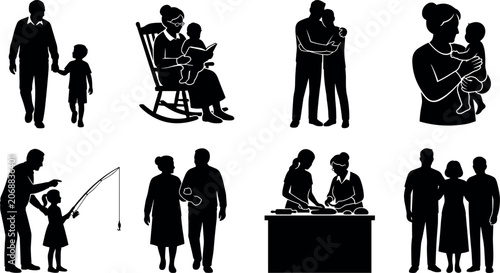 Принти на полотні Grandparents family relationships senior citizens multi generational bonding and elderly lifestyle solid black vector silhouette icon set in image_3628b8