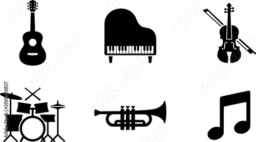 Musical instrument silhouette icon set for music and sound design