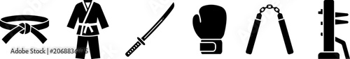 Martial arts equipment solid icon set for sports