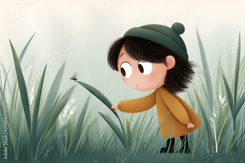 Young girl in green hat interacting with a butterfly in a vibrant grassy field illustration
