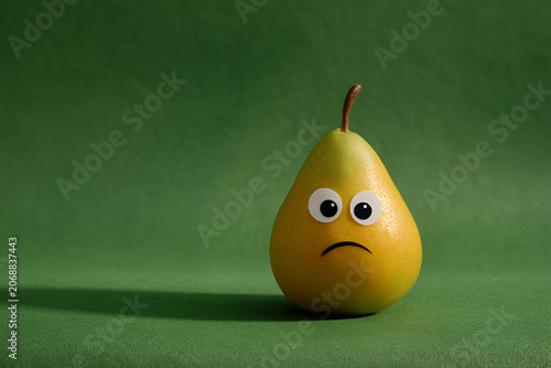 Yellow pear with cartoon eyes and sad expression on green background for playful design concept