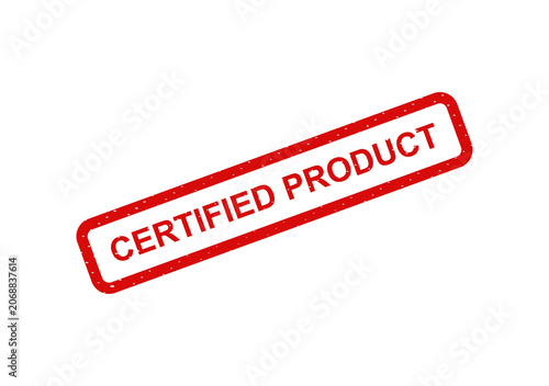 Red certified product stamp with white text isolated on transparent background