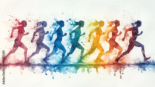 Colorful watercolor illustration of a woman running in a dynamic motion sequence with vibrant hues