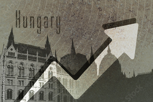 Hungary economic growth, financial success, and political development shown with Budapest Parliament Building silhouette, an upward arrow, and country name typography on a textured background