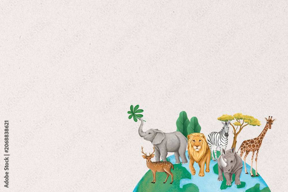 Fototapeta premium Wild animals border background, off-white textured design