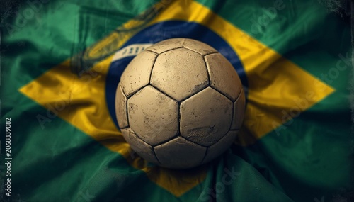 Soccer ball on ground with Brazilian flag background