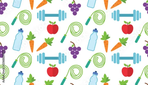 Fototapeta na wymiar Vibrant and colorful seamless pattern showcasing fitness gear, healthy foods, and exercise equipment on a white background.