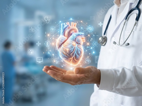 Doctor holding holographic human heart in hospital.