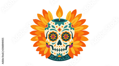 Minimalist Flat Design Day of the Dead Ceremonial Candle Icon Celebrating Mexican Cultural Heritage with Traditional Hand Holding a Lit Votive in White Space Art Style