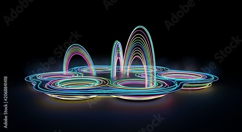 Abstract glowing futuristic shapes with vibrant neon light trails on dark background