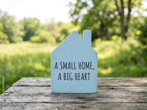 Small wooden house model with heartfelt message outdoors.