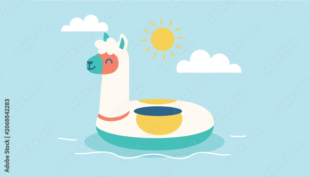 Fototapeta premium Adorable cartoon inflatable alpaca llama pool float floating on calm blue water under a bright sun and clouds.