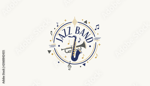 Retro style circular logo design for a jazz band featuring a saxophone and a trumpet surrounded by musical notes and stars.