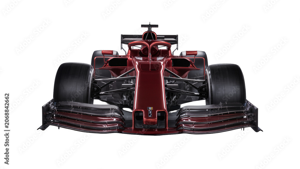 Naklejka premium Shiny red carbon fiber Formula 1 race car front view, isolated on transparent background