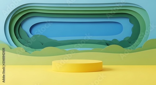 Abstract landscape layers with yellow podium against blue background