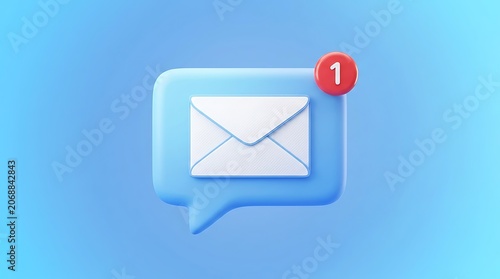 Minimalist blue 3D render of a chat bubble notification icon with an unread message envelope