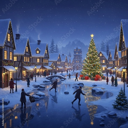 Winter Wonderland Christmas Village Festive Scene.