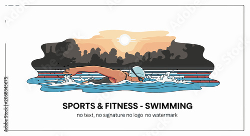 A swimmer in a pool with a sunset background and a rocky silhouette
