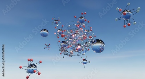 Abstract molecular structure with spheres against blue sky backdrop