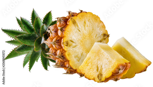 Bild auf Leinwand Whole pineapple half and two wedges with green leaves, isolated on transparent b