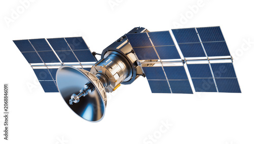 Canvastavla Detailed metallic satellite with solar panels and dish antenna, isolated on tran