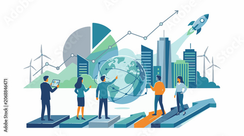 Illustration of people standing on blocks, looking at graphs and globe with cityscape