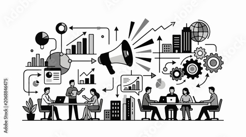 Illustration of people working together at a desk with graphs and charts