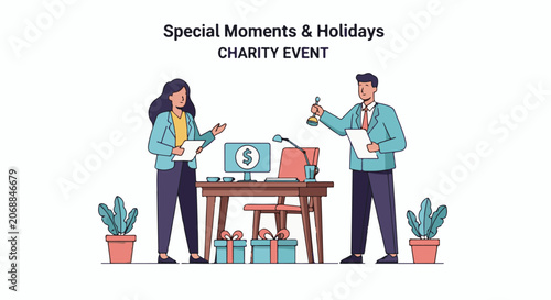 Two people planning charity event at a desk
