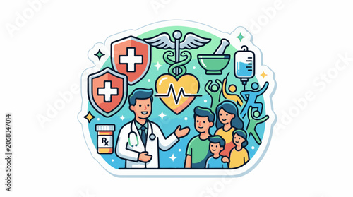 A cartoon doctor with a family surrounded by medical symbols