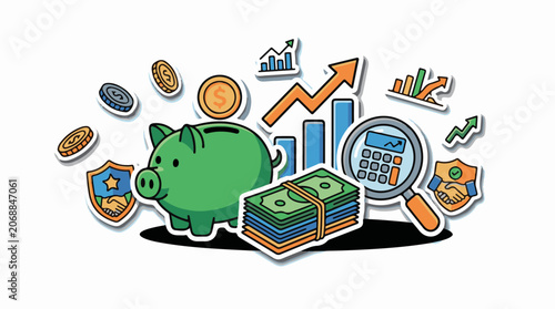 A cartoon green piggy bank surrounded by financial symbols
