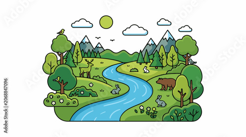 A cartoon landscape with a river, animals, trees, and mountains under a sunny sky