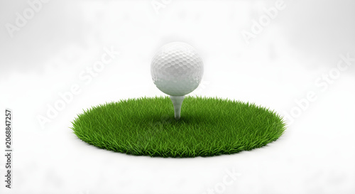 Golf ball on white tee in a circle of green grass isolated