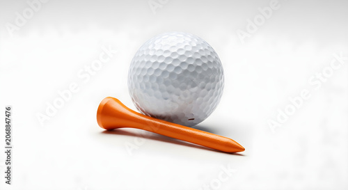 White golf ball and orange wooden tee isolated on white