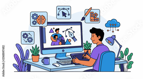 A man in purple shirt sitting at desk working on computer with graphics