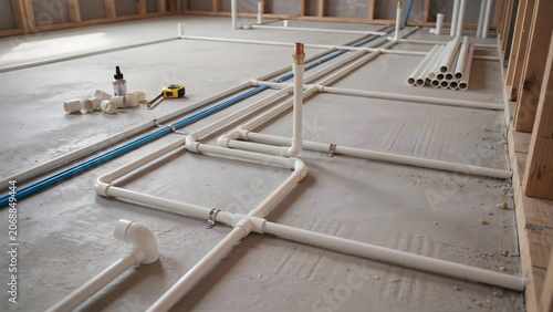 Interior view of plumbing installation with pipes on unfinished construction site