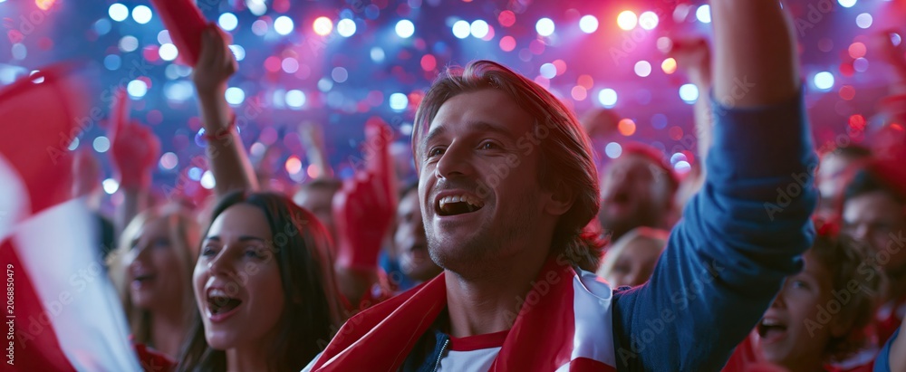 Obraz premium A packed arena filled with enthusiastic fans waving flags and foam fingers amidst vibrant lights and confetti.