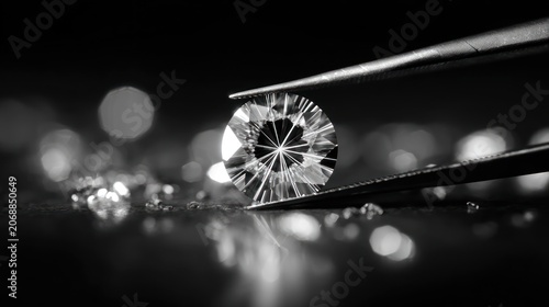 Close up of a diamond held by tweezers in a reflective environment