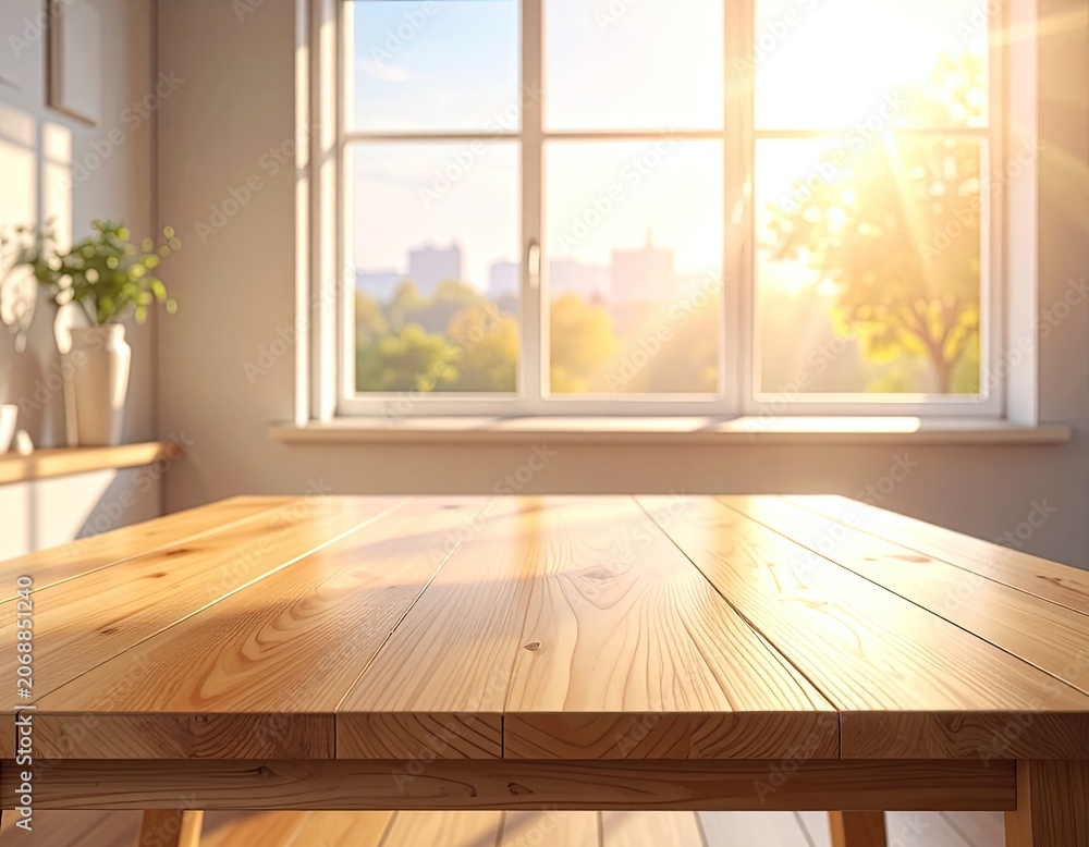 Fototapeta premium Sunlight streams across a warm wooden table and through a large window