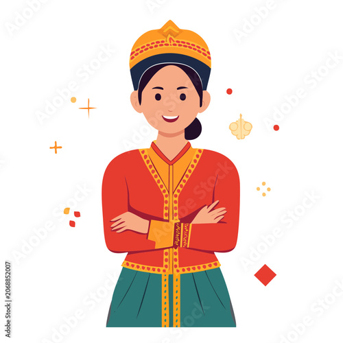 Woman in Traditional Costume with Crown, Flat Vector Illustration